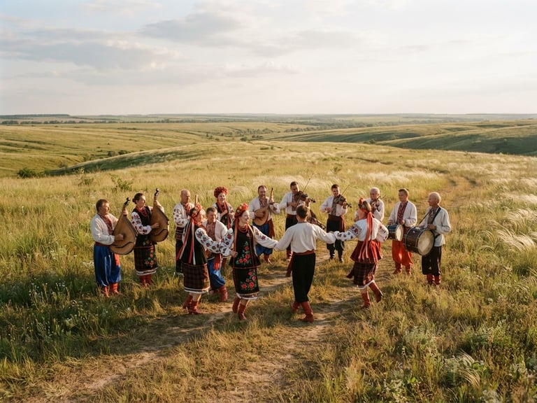 Wide-angle outdoor performance of Ukrainian folk ensemble in authentic embroidered costumes standing in the middle of a vast wild-grass steppe at golden hour, warm late afternoon sunlight, 35mm editorial photography