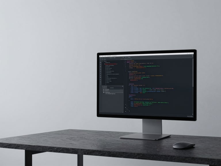 Minimalist clean workspace with a high-end monitor displaying abstract code structures, soft cool diffused studio lighting, slate and charcoal tones, 35mm