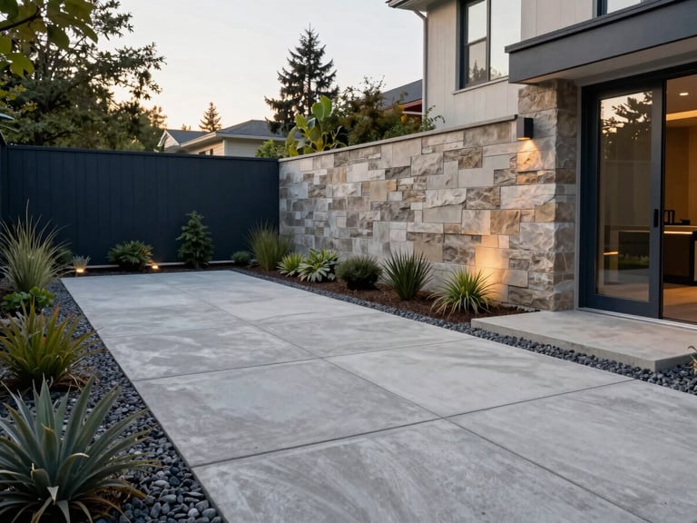 A luxury modern Seattle backyard featuring architectural concrete pavers, clean-cut basalt gravel borders, minimalist plantings, and subtle low-voltage outdoor lighting at golden hour