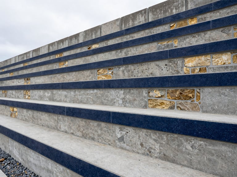 Sharp architectural photography of a multi-tiered concrete block retaining wall on a steep Bellevue hillside, precise alignment, built-in gravel drainage trench, bright overcast daylight, 24mm.