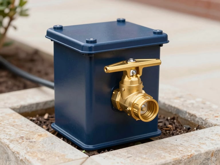 Close-up of a modern professional irrigation valve box with clean wiring and solid brass backflow preventer, installed in a neat landscape bed, bright daylight