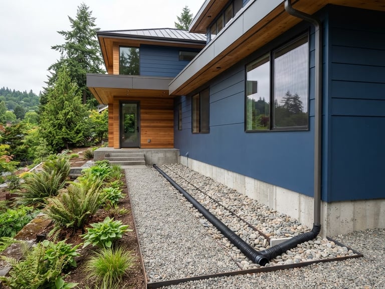 Sharp architectural photography of a modern Seattle home exterior with a newly installed clean gravel trench French drain system along the foundation, bright overcast daylight, 24mm