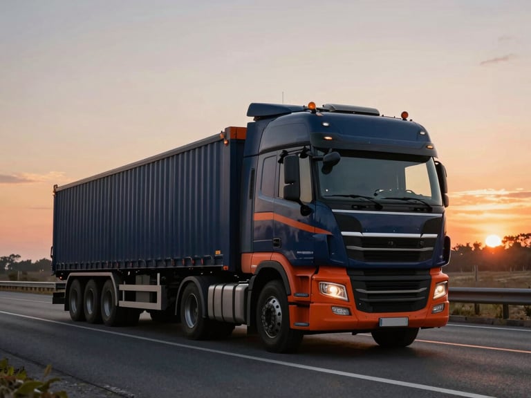 Modern heavy-duty freight truck driving on a multi-lane highway at sunset, dramatic twilight lighting, deep navy and industrial orange tones, wide-angle heroic lens.