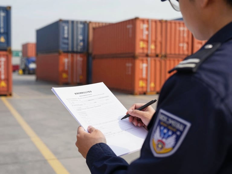 Close-up of a customs officer reviewing shipping documents at a border crossing, focused and professional, crisp daylight, deep navy and industrial orange tones.