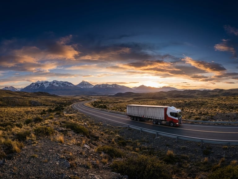 Wide panoramic shot of a modern heavy-duty freight truck driving on a scenic highway in the Southern Cone at crisp morning daylight, with a low horizon and expansive sky, deep navy and industrial orange tones, wide-angle heroic lens.
