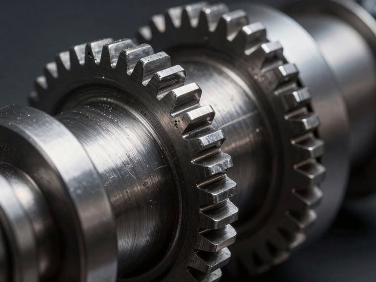 Extreme macro shot of a raw steel mechanical gear assembly, high-contrast dramatic studio lighting, sharp metallic reflections, deep charcoal shadows.