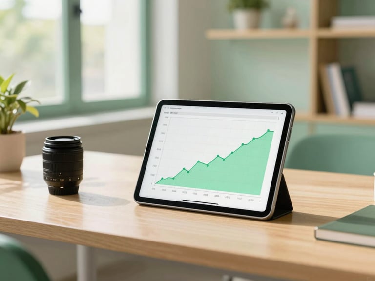 Bright natural daylight, a modern clean workspace in Mumbai, a digital tablet displaying growth charts, warm green tones, 35mm lens