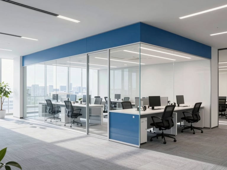 Bright modern Japanese corporate office interior, clean glass partitions, professional slate blue accents, daylight, 35mm