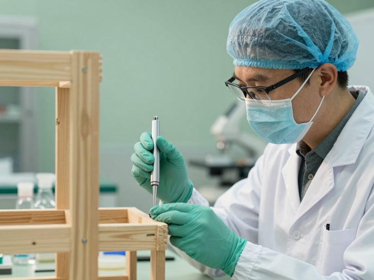 Clean professional photography, bright natural daylight, a biological technician in a clean white uniform inspecting a wooden structure with a precision tool, soft green and slate tones, sharp focus