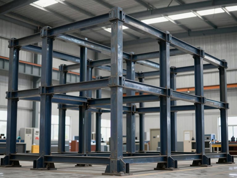 Wide shot of a complex heavy steel support structure, partially assembled, demonstrating intricate welding and robust construction. Industrial fabrication setting.