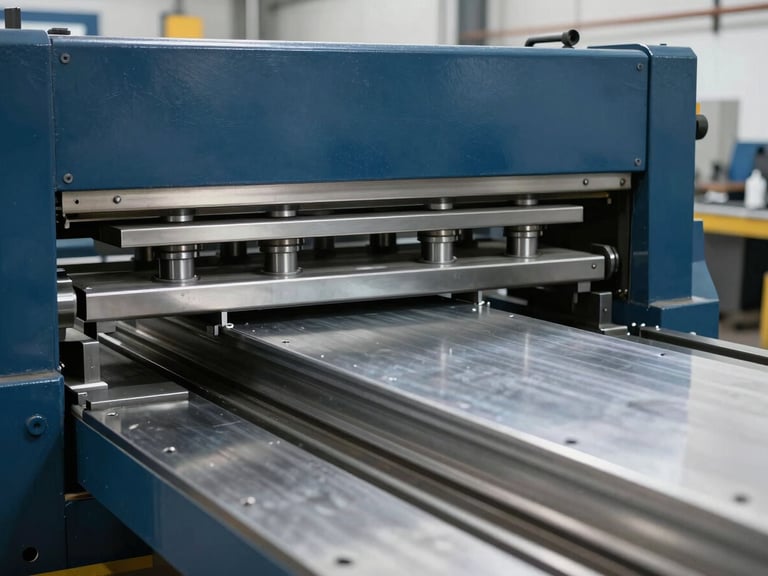 Large industrial press brake forming a heavy steel component, cool clean workshop light, desaturated steel and navy tones, deep depth of field.