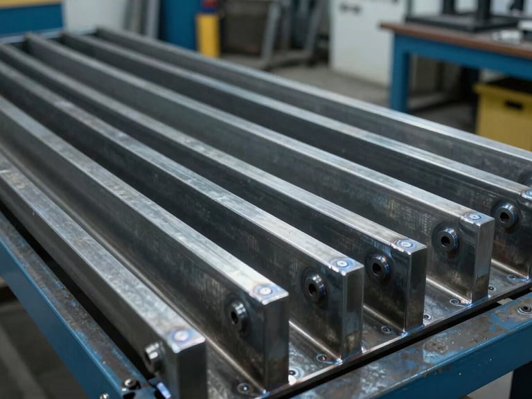 Medium shot of a newly fabricated, heavy steel equipment skid with clean weld beads, ready for inspection in a well-lit industrial facility. Cool, clean workshop light.