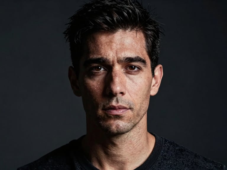 High-contrast portrait of Ramón in a dark studio, looking directly at the camera with sharp directional lighting, deep shadows, and a focused expression.
