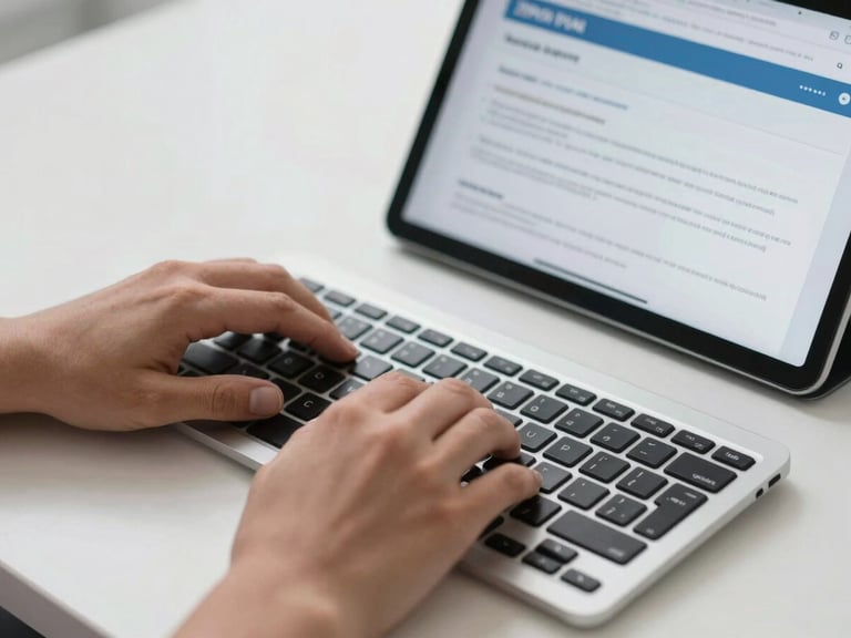 Close-up of hands typing on a keyboard next to a tablet showing a HIPAA-compliant patient intake form interface, clinical white desk surface, neutral studio lighting, detail-oriented and precise