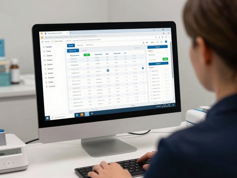Over-shoulder view of a dental practice manager reviewing a website analytics dashboard on a large desktop monitor, clean desk environment, soft studio lighting, operational and focused