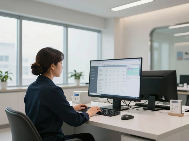 Wide shot of a modern dental practice front desk, office manager reviewing a software dashboard on a large monitor, clean clinical interior with natural light from windows, operational context, documentary framing