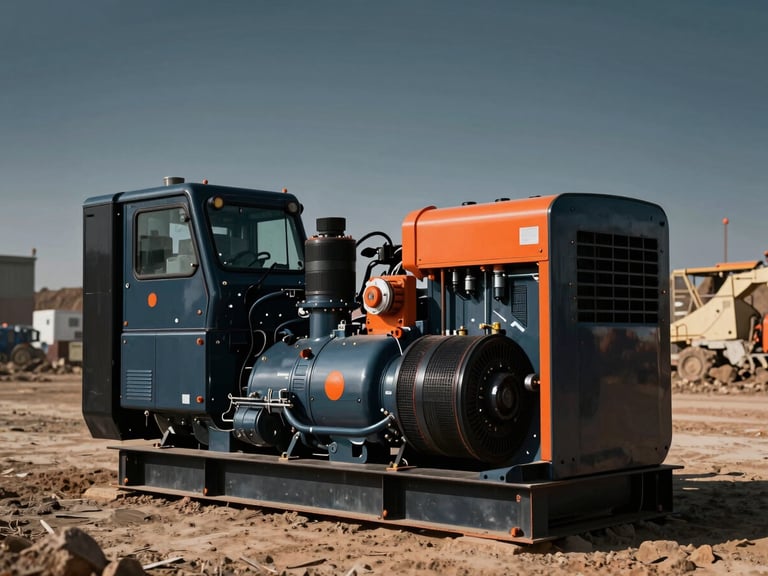Heavy-duty diesel generator in a dusty outdoor mining site, dramatic high-contrast daylight, technical precision