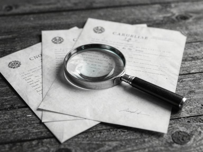 Dynamic high-contrast black and white photograph of old archival documents, vintage letters, and a magnifying glass on a rustic wooden table, soft side lighting.
