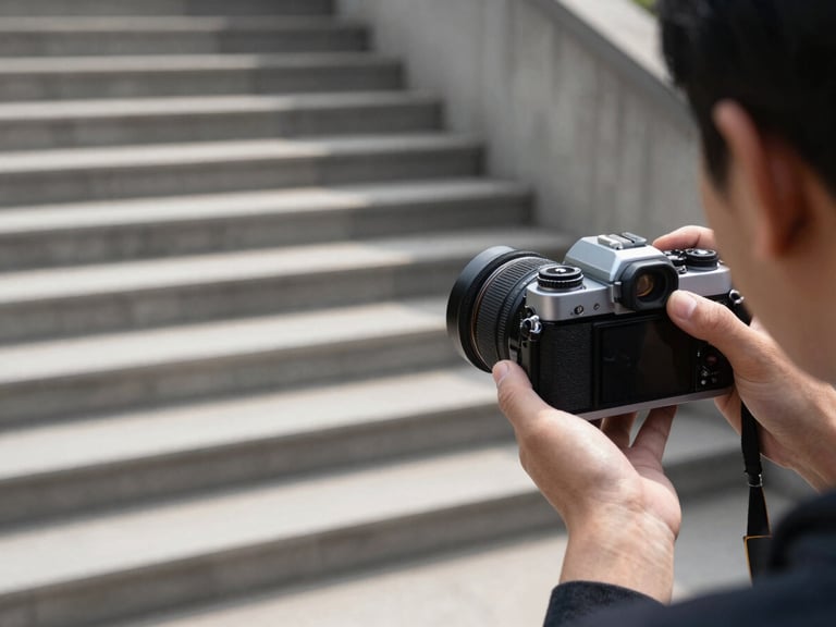 Over-the-shoulder shot of a hand adjusting the focus ring of a vintage analog SLR camera, pointing towards a massive concrete staircase with sharp shadows, natural side lighting
