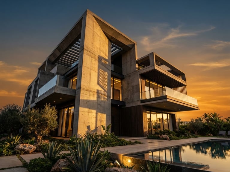 Low-angle architectural photograph of a modern luxury concrete villa in Casablanca, dramatic golden hour sunlight casting sharp geometric shadows, high-contrast, premium