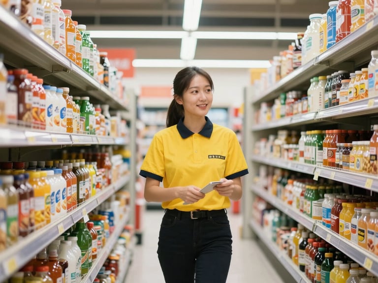 Professional field promoter in branded uniform organizing a supermarket shelf, medium shot, bright ambient supermarket lighting, clean vibrant colors, sharp focus.