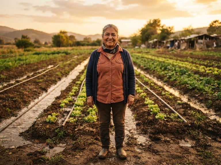 Environmental portrait of a local community leader in warm golden-hour light, standing in front of a newly irrigated agricultural field, medium shot, rich earthy tones.