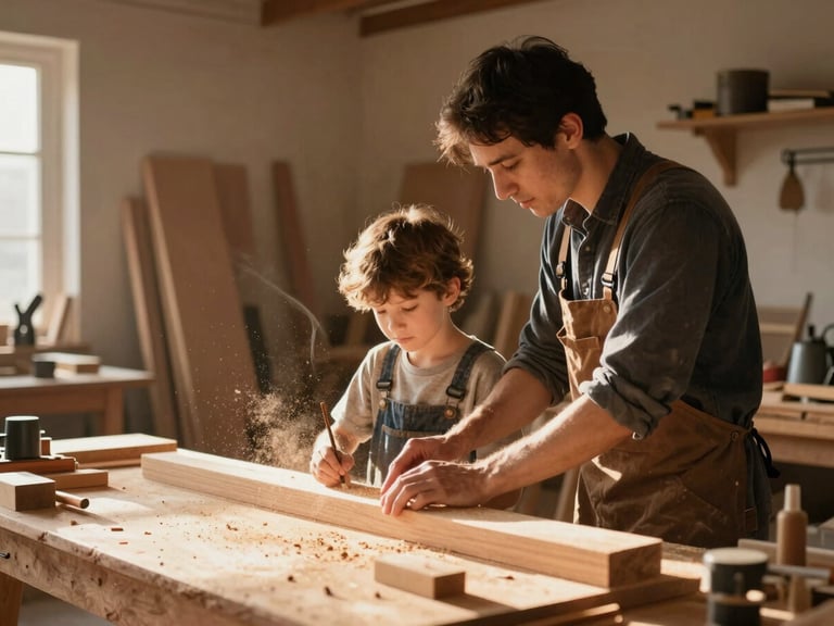 A carpenter mentoring a young apprentice in a sunlit wood workshop, sawdust caught in the warm light, authentic human connection.