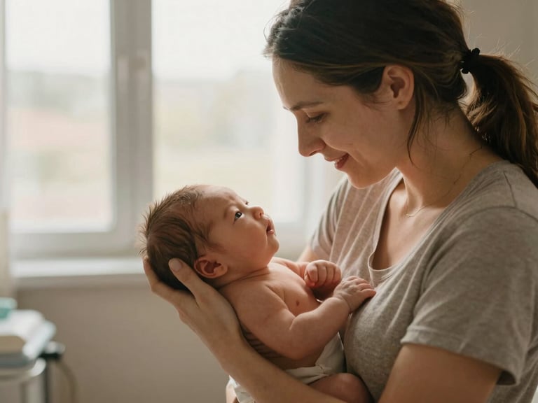 A mother tenderly holding her healthy newborn child in a warm, clean clinic room, soft overcast daylight illuminating their faces with quiet grace.