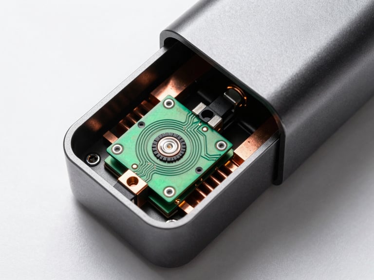 Top-down architectural layout of a disassembled charger showing internal GaN circuitry, copper heat sinks, matte charcoal metal shielding, hard directional lighting