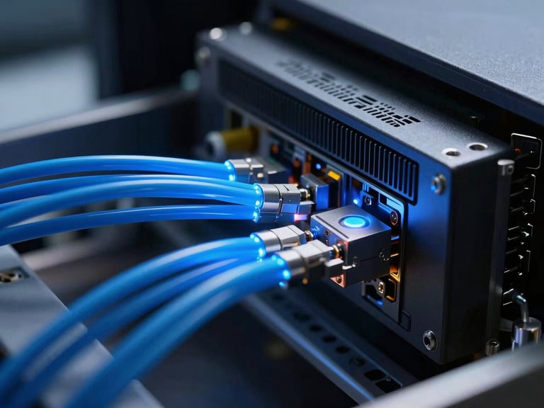 Macro shot of server components with glowing blue fiber optic cables connected with laser-guided precision, cool diffused backlighting, deep slate shadows