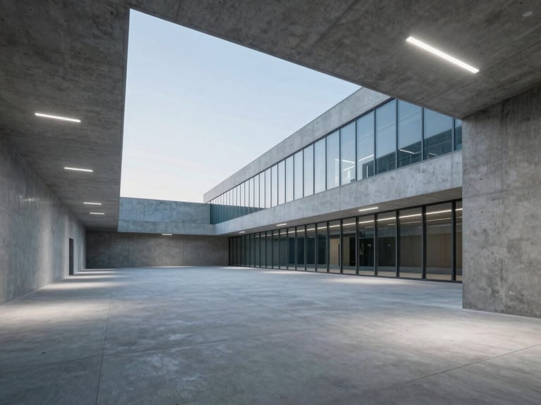 Wide panoramic shot of minimalist concrete-and-glass architecture, stark white key lights, cool diffused blue backlighting, empty expansive space.