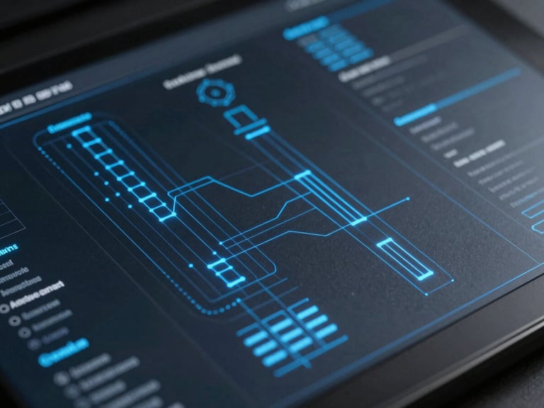 A high-fidelity UI wireframe of a systems dashboard, glowing blue vector lines on a dark slate background, extreme close-up, sharp focus, clean technical aesthetic.