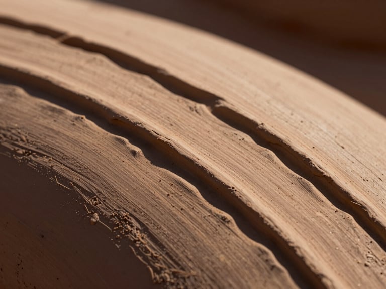 Macro close-up of textured terracotta clay with deep hand-carved ridges, captured under harsh, high-contrast desert sunlight casting dramatic shadows.