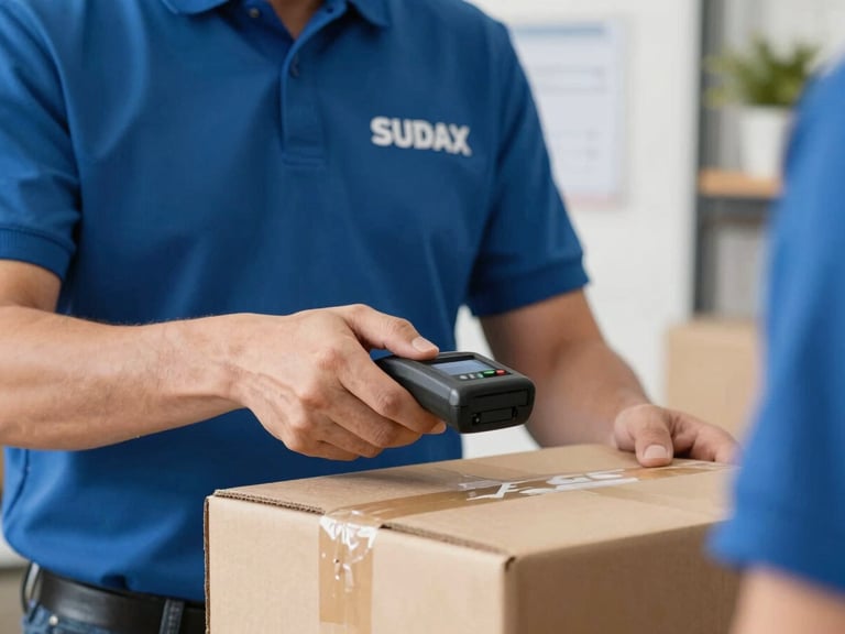 Close-up of a Sudax courier scanning a package with a handheld device, bright daylight, professional setting, sharp focus.