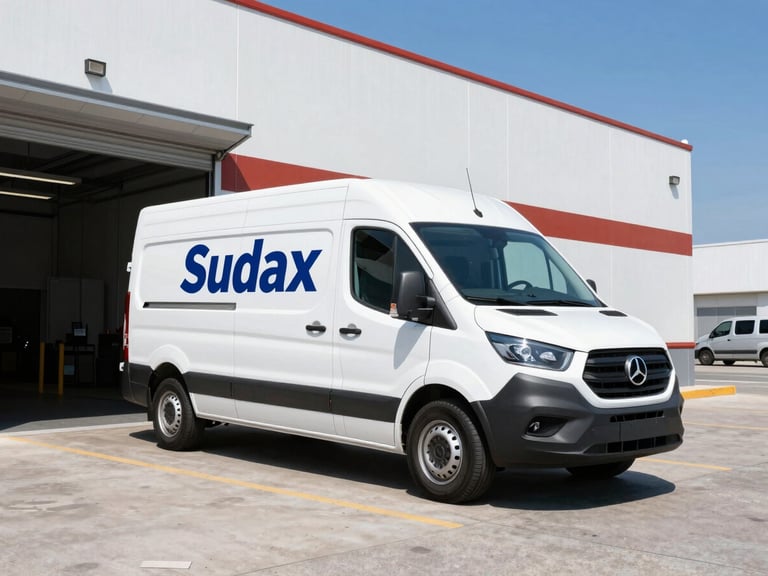 Wide-angle shot of a Sudax delivery van parked outside a commercial building during a routine delivery, bright daylight, professional logistics setting, high-contrast.