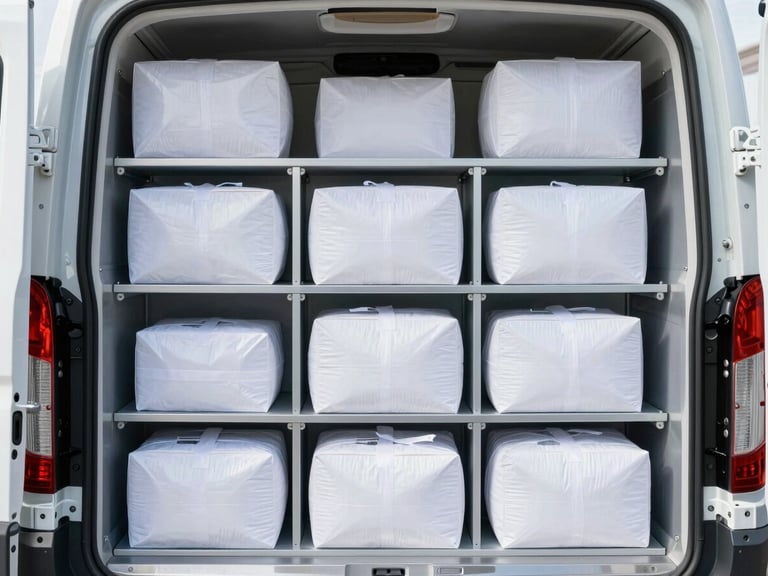 Interior shot of a clean, secure delivery van with specialized compartments for medical or legal packages, crisp daylight, professional logistics setting.