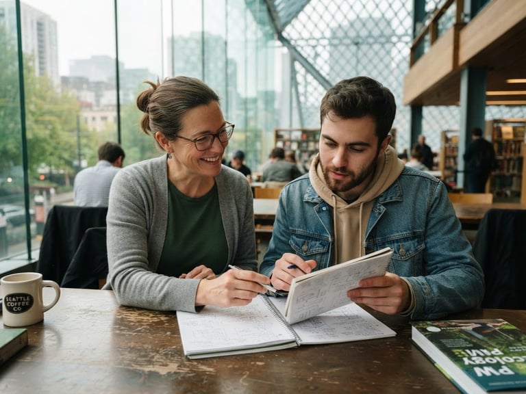 Candid medium shot of a mentor and participant reviewing a notebook together in a sunlit Seattle library, soft overcast light, natural warmth.