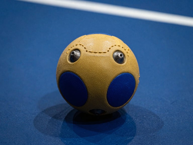 Close-up of a goalball with embedded bells resting on a high-contrast blue court, sharp directional light highlighting the tactile textures, 35mm lens.