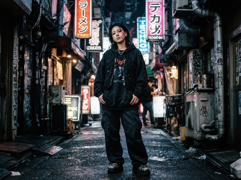 Gritty urban fashion photography of a young adult in an oversized hoodie standing in a neon-lit Tokyo-style alley at night, high contrast, 35mm film grain