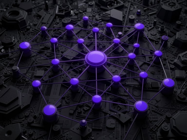 High-density vector data visualization of a decentralized network, ultraviolet accents, stark 3d render