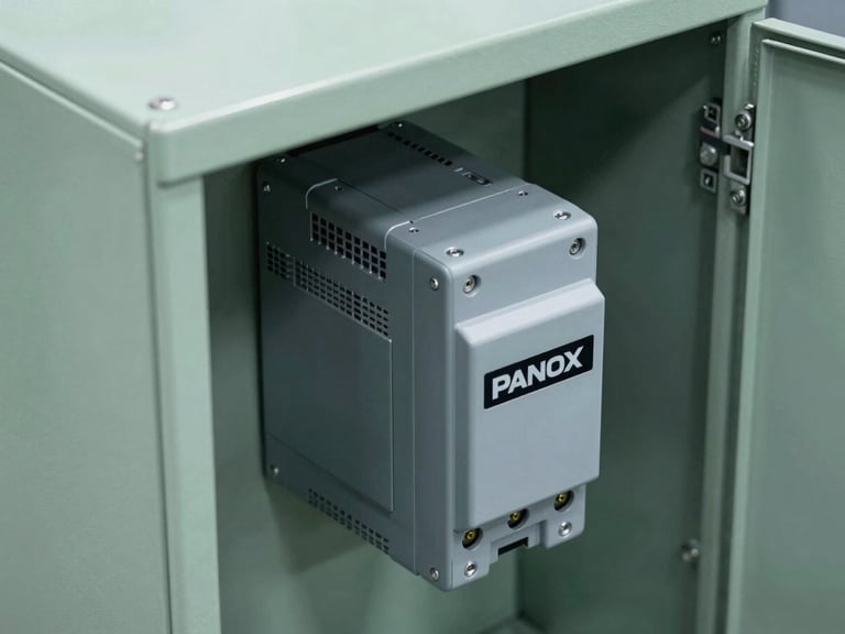 Technical isometric view of a clean electrical PLC control panel with a compact PANOX aerosol module installed, cool high-contrast industrial lighting, tactical gray and sage green tones, 35mm