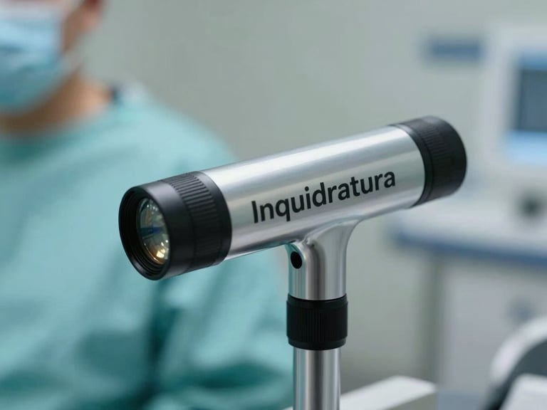 Inquadratura macro di un moderno video-endoscopio flessibile per otorinolaringoiatria, riflessi metallici puliti, illuminazione clinica naturale e sfondo sfocato di uno studio medico sterile.
