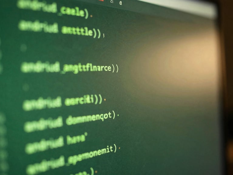 Macro close-up shot of clean Android code on a monitor screen, glowing with soft forest green neon light, warm ambient shadows.