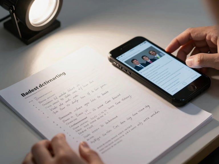 Close-up overhead of a briefing document and handwritten notes on a desk, a phone screen showing audience demographic charts beside it, studio strobe light casting sharp shadows, hands resting on the table partially visible at frame edge