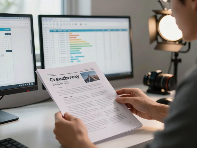 Environmental shot of a creator at a desk reviewing a printed campaign brief, a second monitor showing a spreadsheet of creator metrics in the background, studio lighting rig partially visible to the right, natural window light from the left softening the scene