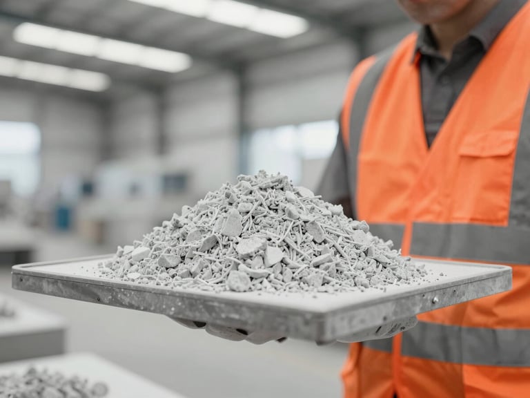 Industrial documentary photography, close-up of a raw material quality check under bright warehouse light, desaturated cool tones with safety orange accents, 35mm lens