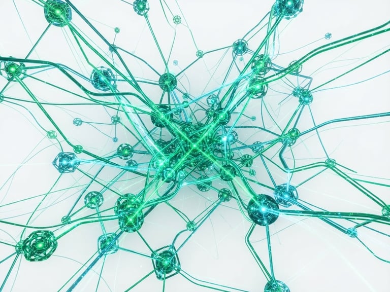 Minimalist digital network diagram with glowing emerald-green and cyan-blue data lines connecting nodes on a pure white backdrop, high-tech scientific aesthetic, 3d render