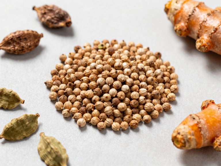 Bright editorial overhead flat-lay of sorted coriander seeds, cardamom pods, and turmeric roots on a clean light-grey surface, natural daylight, sharp focus