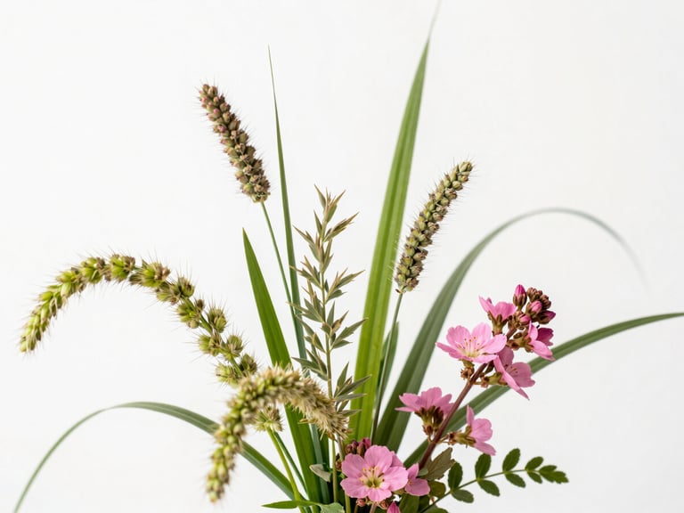 Close-up macro of an asymmetrical floral arrangement with wild grasses and pink blooms, bright daylight, white background.
