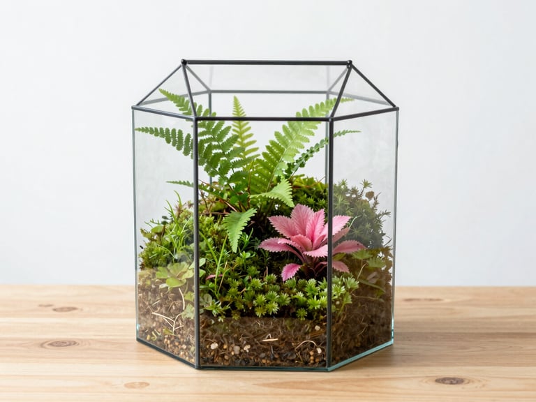 A beautifully layered glass terrarium with moss and ferns on a clean wooden table, soft daylight.